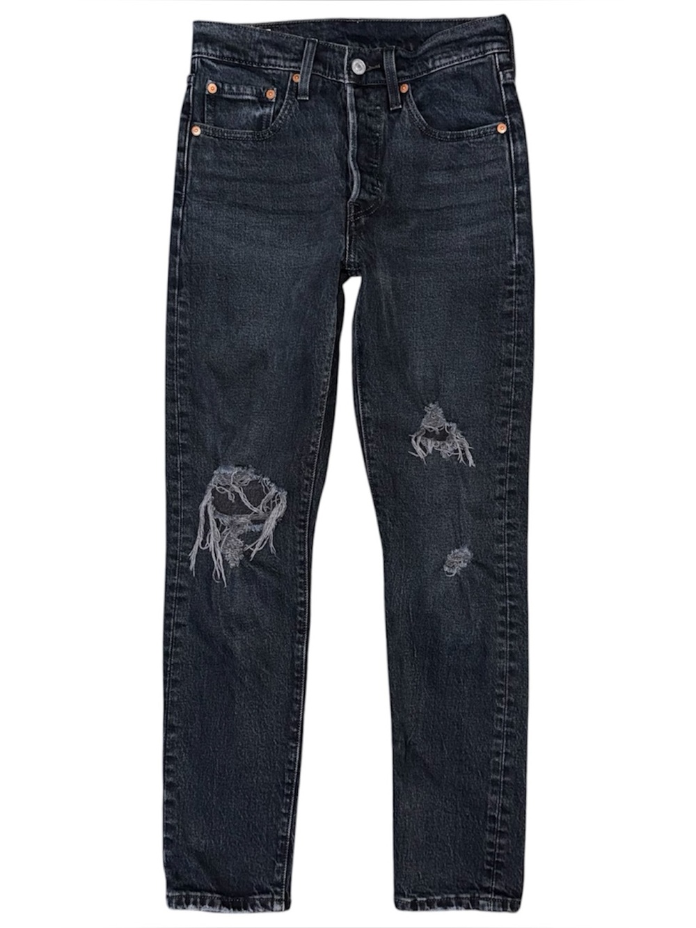 Levis Premium 501 Skinny Jeans Distressed Black Denim Button Fly High Rise 24x28